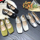 Mary Jane Shoes Women Low-Heeled Single Shoes Square Toe Retro Flat Shoes Solid