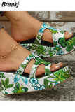 High Heeled Women's Slippers 2023 European Style Flower Pattern Comfy Walking Shoes Plus Size Summer Outside Lady