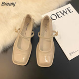 Flat Shoes Women Leather Shoes Square Toe Spring Autumn Single Shoes Mary Jane Black