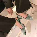Summer Women Sandals Square Toe Single Shoes Rhinestone High Heel Rear Strap Sexy