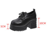 Leather Women Pumps Platform Square Heel Lace Up Oxford Women Party Role Play Uniform Dress Shoes Fashion High Heels
