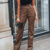 Fashion Y2K Faux Leather Pants Women Straight Pockets Summer Elegant High Waist Trousers Office Lady Slim Vintage