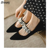 Fashion Sexy Autumn New Women's Single Shoes Pointed Toe Pearl Shallow Mouth Thick Heel Solid Color Mary Jane