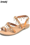 Summer Women Sandals Sweet Boho Pearl Decoration Sandals Leather Flats Plus Size Women Beach Sand Holiday Shoes