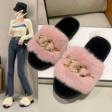 Chain Design Women Home Slippers Solid Color Open Toe Indoor Winter Flat Non-slip Leisure Interior Female Shoes