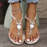 Breakj Women's Shoes 2025 Summer New Bohemian Owl Beaded Flat Sandals Toe Beach Women's