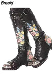 Rivets Studded Buckle Knee High Boots Women Embroidered Leather Print Flower Flat Motorcycle Boots Winter Shoes