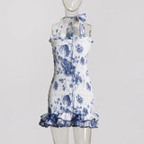 2025 Spring New Fashion Temperament Printing Design Wood Ear High-End Sense Short Hanging Neck Dress