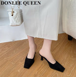 Weave Slippers Women High Heel Square Toe Shallow Mule Outdoor Slide Fashion Black White Plaid Flip Flops Zapatillas