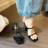 Summer New Fashion Versatile One-Word Square Head Sandals Comfortable Thick Heel Solid Color High-Heeled Slippers To