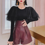 Casual Slim Patchwork Mesh T Shirt Female Round Neck Long Sleeve Gathered Waist Fashion T Shirts For Women