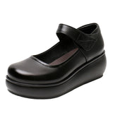 Breakj Skin Round Head Heel Slope And Shallow Mouth Single Shoes Waterproof Table Casual Leather Shoes Buckle With Loose Cake Thick-Soled Shoes Women