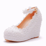 Breakj Lace Wedding Shoes Slope Heel Single Shoes Buckle With Slope Heel Shoes Waterproof Table Large Size