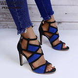 Design Women Fashion Peep Toe Patchwork Colors Thin Heel Sandals Pink Blue Strap Cross High Heel Sandals Dress
