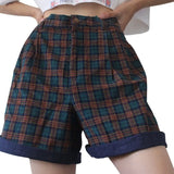 New Fashion Women Striped Plaid Print Curly Short Pants Casual Buttons Streetwear Cool Girl Elegant Sweet Shorts(no