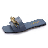 Breakj New Korean Version Of The Metal Chain A Word Cool Slippers Women Wear Flat-Bottomed Fashion
