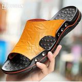 Leather Slippers Men Big Size 48 47 Slip on Casual Shoes Summer Breathable Outdoor Mens Slides Comfortable Beach