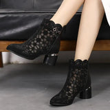 Spring Summer Fashion Rhinestones Gauze Sandals Thick Heels Mesh Autumn Ankle Boots Female Hollow Women's