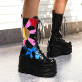 Female Motorcycle Boots Goth Brand Women Motorcycle Boots Round Toe Lace Up Thick Heel Wedges Platform Punk