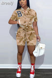 Camouflage Women Two Piece Sets Letter Print Short Sleeve Pockets Baseball Top Shorts Casual Summer Fashion