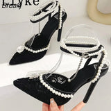 2023 New Sexy Mesh Pumps Sandals Female Pointed Toe White String Bead Ankle Strap High Heels Stiletto Dress Shoes