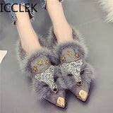 Flats Women Fox Faux Fur Espadrilles Beading Mules Ladies Warm Winter Pointed Toe Shoes Plush