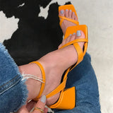 New Large Size Thick Heel Toe Word Button Sandals Women's Hollow Square Head High