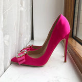 Fuchisia Pink Satin Women Pointy Toe HIgh Heel Shoes with Bow Decor Wedding Bridal Dress Stiletto Pumps 8cm 10cm