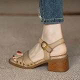 Breakj Summer New Retro French Coarse Sandals Female Exposed Toe Soft Leather Heel Cross Roman