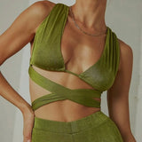 Green Romper Sexy Bandage Backless Top and Pant Sets Sleeveless Solid Women's Sets Fashion Outfits Matching Set Flare