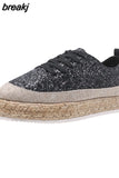 Women Sneakers Woven Gold Sequins Single Shoes Round Head Lace-Up Retro Platform Flats Shoes Light Cozy Walking Vulcanized