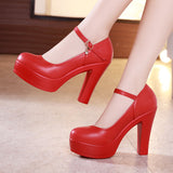 Round Head Red High Heel Professional Work Shoes Thick Heel Waterproof Table Single Shoes Model Cheongsam Catwalk