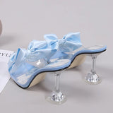 New Fashion Crystal Bow High Heels Slippers Shoes Woman Sexy PVC Transparent Sandals Women Slides Open Toe Pumps Blue