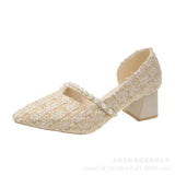 Small Fragrant Wind Thick Heel Single Shoes Women 2023 Evening Wind Pointed Hollow Single Shoes Elegant Temperament Shallow High