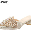 Slippers Women's Fashion Beaded Mules Shoes 2023 New Comfortable Medium Heel Thick Heel Pointed Sandals Zapatos De