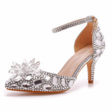 Breakj Cm Large-Size Sandals Fine Heel Head Crystal Glass High Heel Sandals Champagne Gold Banquet Dinner Women's
