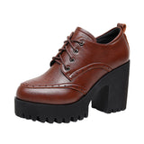 Breakj Brown Bullock Women's Shoes With English Carved Small Leather Shoes Thick Heel High Heel Waterproof Table Round Head Deep Mouth Single