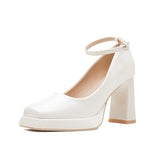 Waterproof Table One Word Button Spring New High Heels Mary Jane Senior Sense Silk Square Head Thick Heel Women's