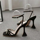 Breakj Large-Size High-Heeled Sandals Women Wear Water Drill Bows Solid Color Fine High Heels Sexy Word