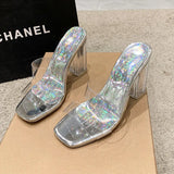 New High-Heeled Sandals Transparent Thick Heels Double-Row Slippers Large Size Square Head Transparent