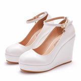 Breakj Bottom Heel Single Shoe With White Round Head Waterproof Table Slope Heel Wedding Shoes Pine