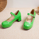 Style Girls Cosplay Mary Jane Shoes Square Heel Spring Autumn Glossy PU Leather Candy Colour Uniform Shoe Plus Size