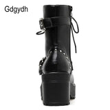 Sexy Rivet Autumn Boots Women Platform Boots Black Leather Gothic Punk Style Combat Boots For Women Mid Heels
