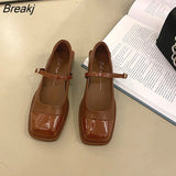 Flat Shoes Women Leather Shoes Square Toe Spring Autumn Single Shoes Mary Jane Black