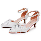 Breakj Cm Large-Size Sandals Fine-Heeled White Lace Water Diamond Wedding Shoes In The Pearl Bridal Dress
