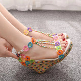 Queen Women Wedge Sandals White Lace Flowers Tassel Bridal Fine High Heels Open Toe Summer Wedding