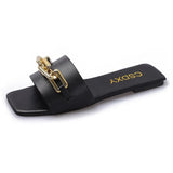 Breakj New Korean Version Of The Metal Chain A Word Cool Slippers Women Wear Flat-Bottomed Fashion