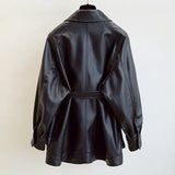 Slim PU Coats Women Faux Leather Jackets Vintage Motor Biker Jackets Elegant Tie Belt Waist Pockets Buttons