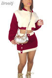 Winter Fall Outfits Women Patchwork Baseball Coat + Mini Skirts Sets 2 Piece Sets Womens Outfit Casual Streetwear