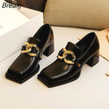 American Retro Square Toe Single Shoes Women's 2023 Thick Heel Metal Buckle Leather Shoes Leather All-match Women